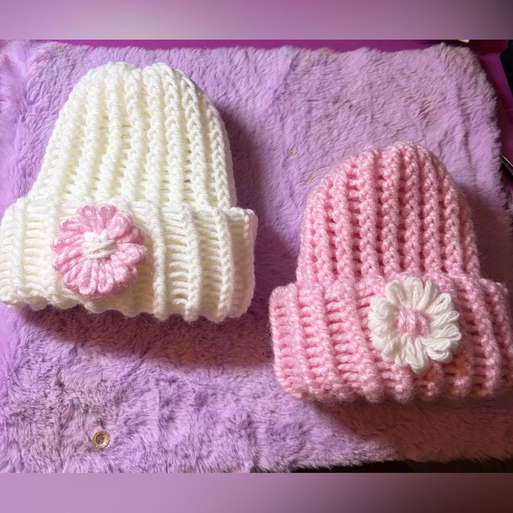 2/ $10. Cozy Pink and White Knit Beanie Set for Kids